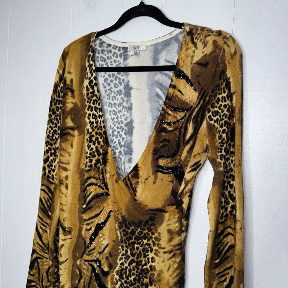 Cache Women’s Y2K Animal Print Faux Wrap Sweater V Neck Size L - Picture 3 of 5
